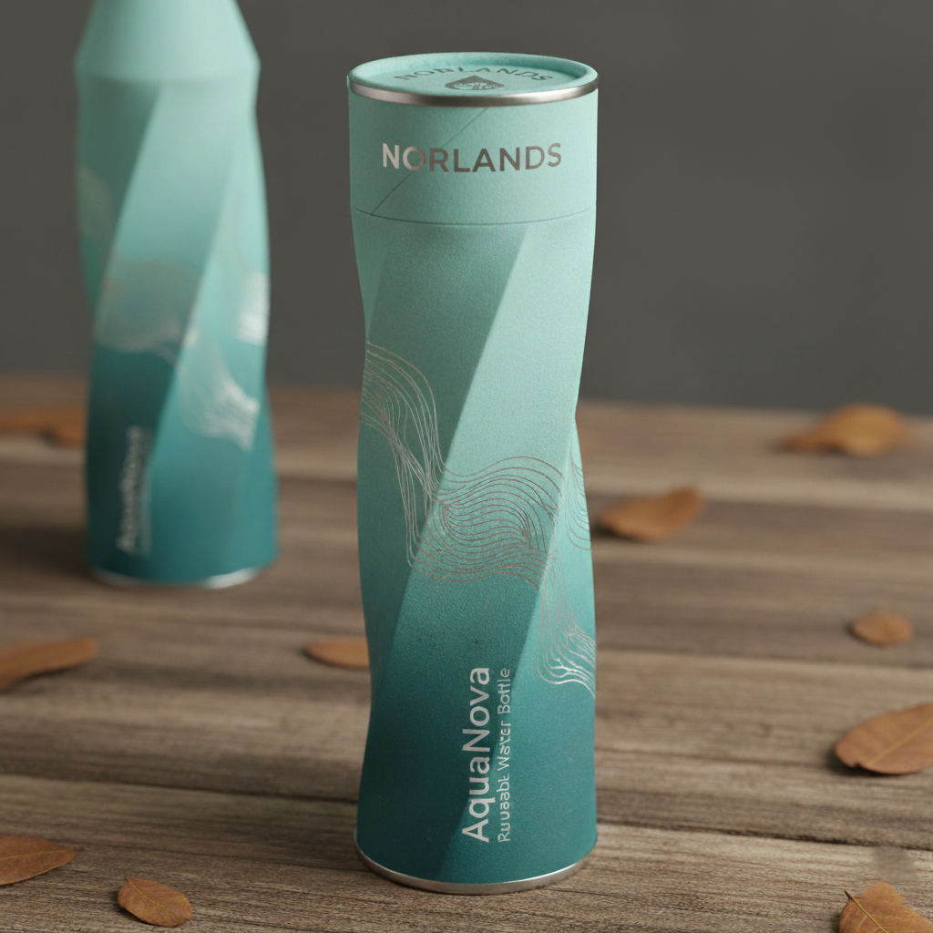 A tall AquaNova bottle by NORLANDS stands on a wooden table with scattered leaves. The bottle features a sleek teal gradient design and minimal typography.