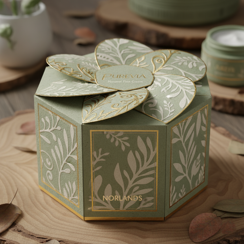 An elegant hexagonal NORLANDS box with floral patterns and gold detailing sits on a wooden surface. The top is shaped like layered petals with the label “FLUREVIA” in the center.