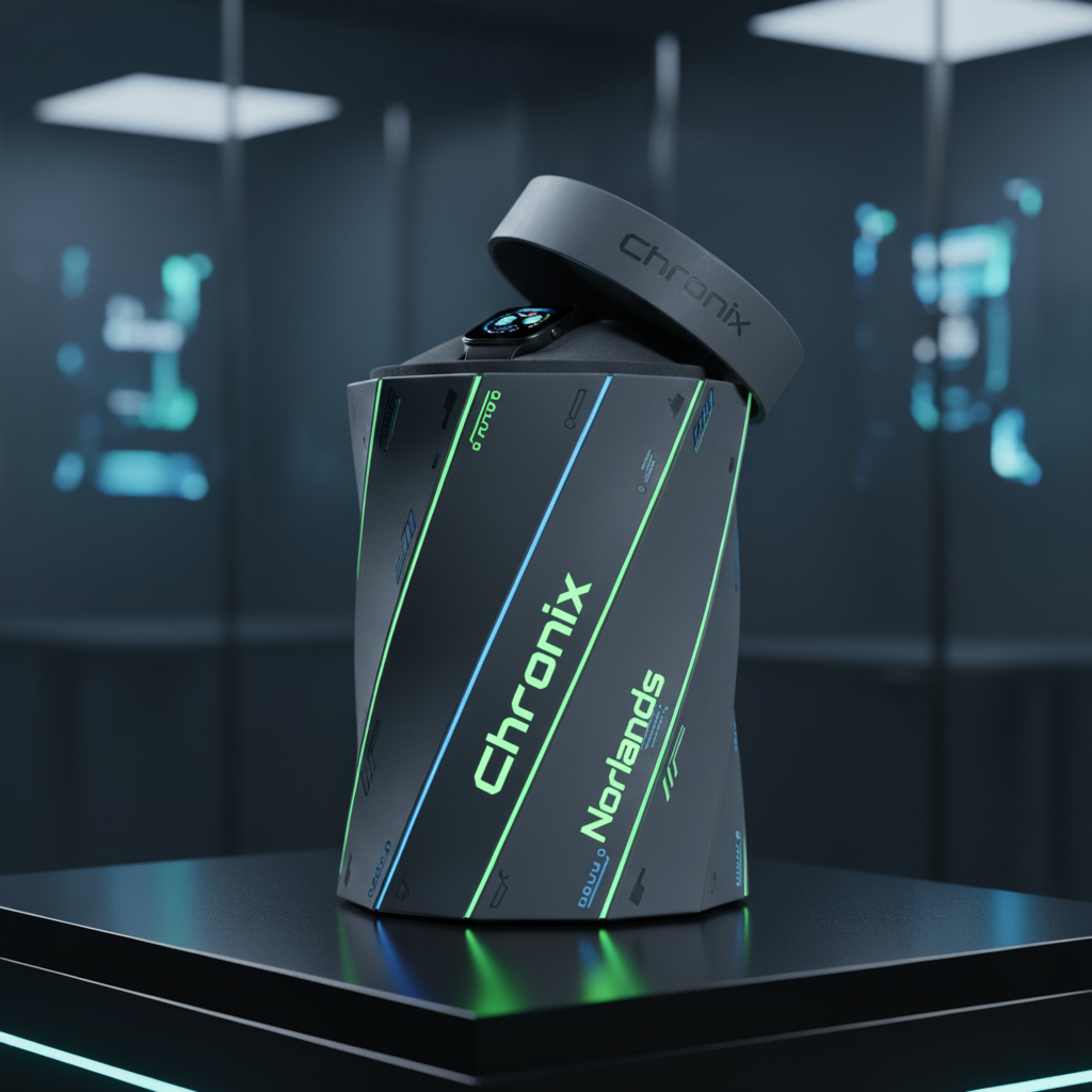 A futuristic black and green NORLANDS Chronix package stands on a reflective surface in a dark, high-tech environment with glowing blue and green accents.