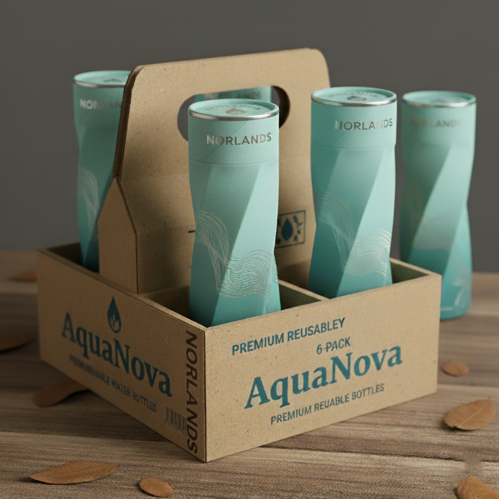 A cardboard carrier labeled “AquaNova” holds four tall teal NORLANDS bottles on a wooden table with scattered dried leaves. The packaging is simple and eco-friendly.