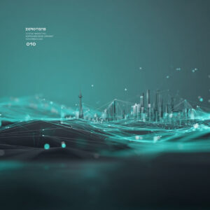 A digital teal-toned landscape with abstract data waves forming a futuristic city, symbolizing AI-driven urban intelligence and advanced digital transformation.