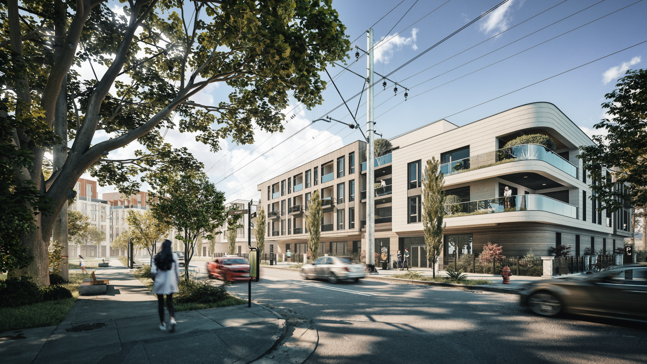 Unreal Engine architectural visualization of a modern mixed-use building with street activity, trees, and realistic real-time rendering environment.