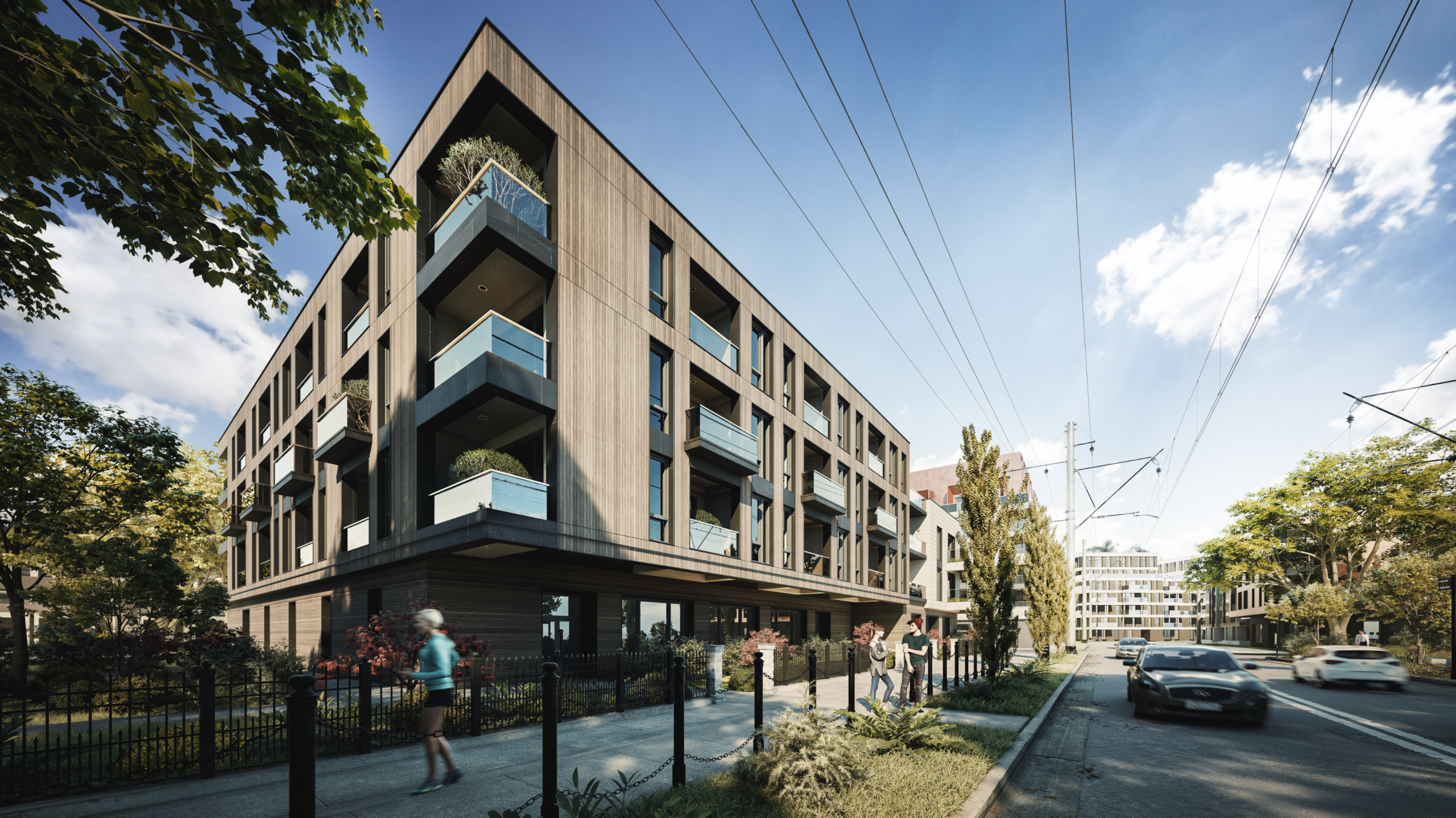 Unreal Engine architectural visualization of a modern mixed-use residential building with landscaped park, pedestrian walkway, and realistic real-time lighting.