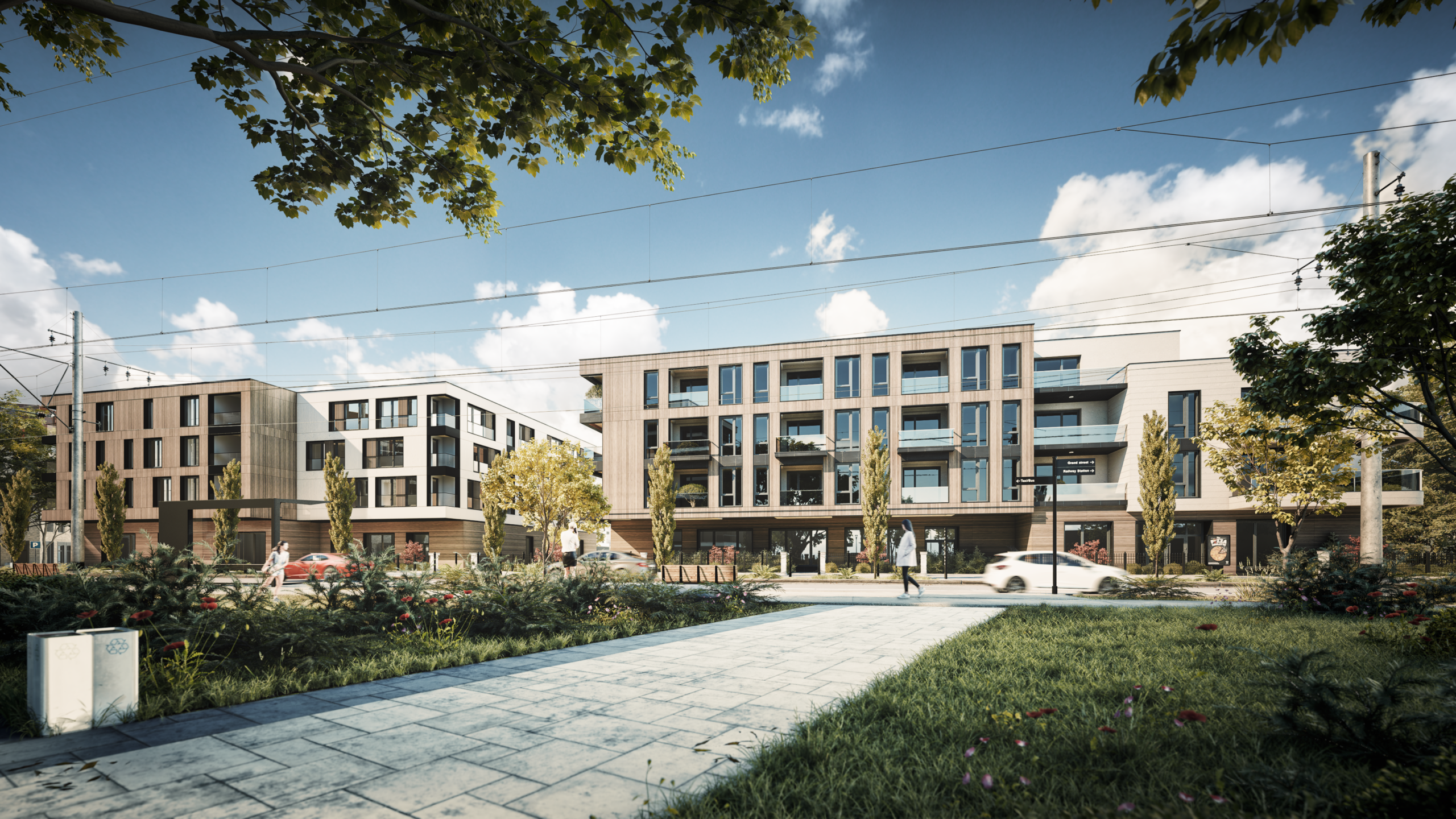 Unreal Engine architectural visualization of a contemporary mixed-use residential building with landscaped park, pedestrian pathway, and realistic real-time lighting.