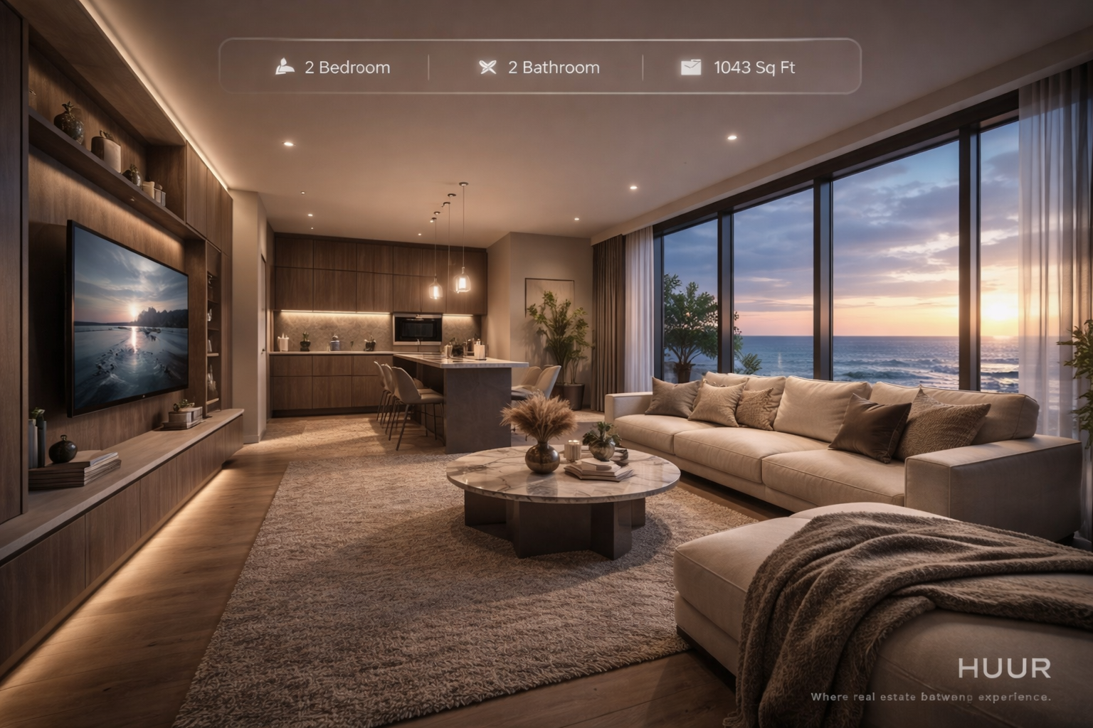 Cinematic real estate visualization of a luxury open-concept living space with ocean views, designed for immersive property exploration.