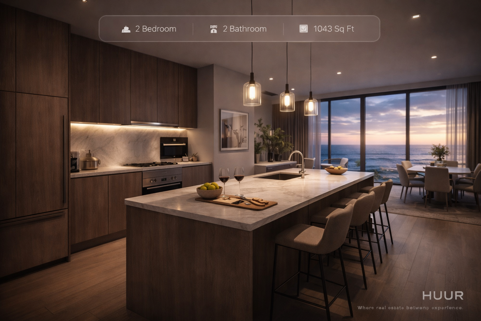 virtual real estate visualization kitchen with modern island open layout real-time interior rendering interactive 3D property tour