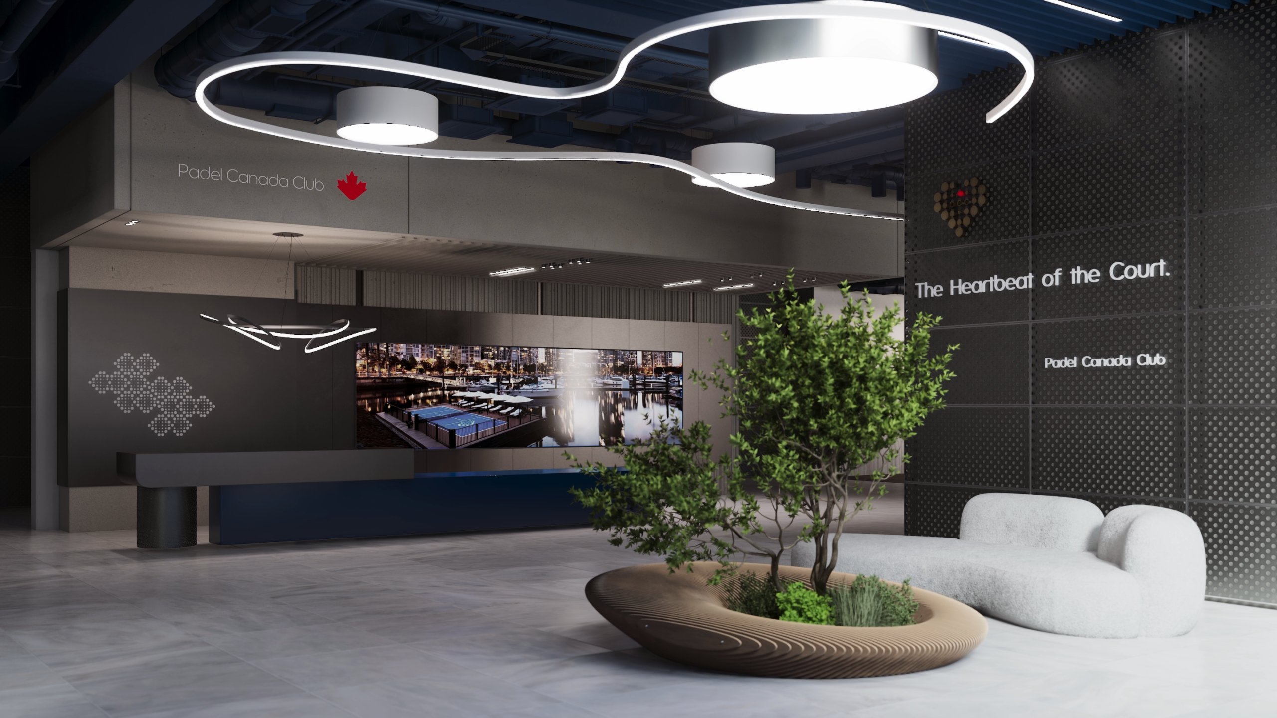 Modern sports club lobby architectural visualization for Padel Canada Club, featuring curved reception desk, statement ceiling lighting, branded wall graphics, indoor greenery, and contemporary seating.