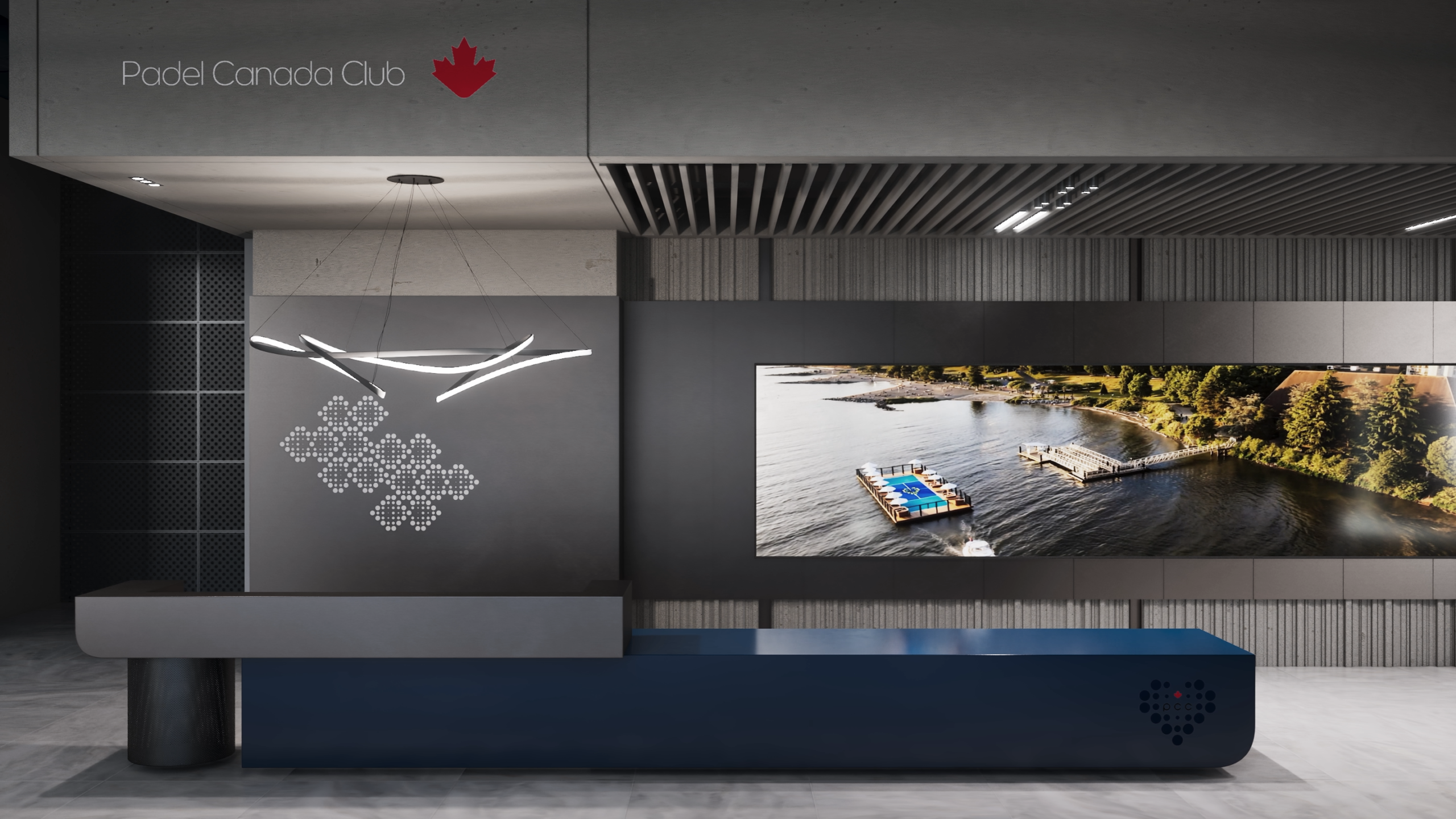 Reception area architectural visualization of Padel Canada Club featuring modern desk design