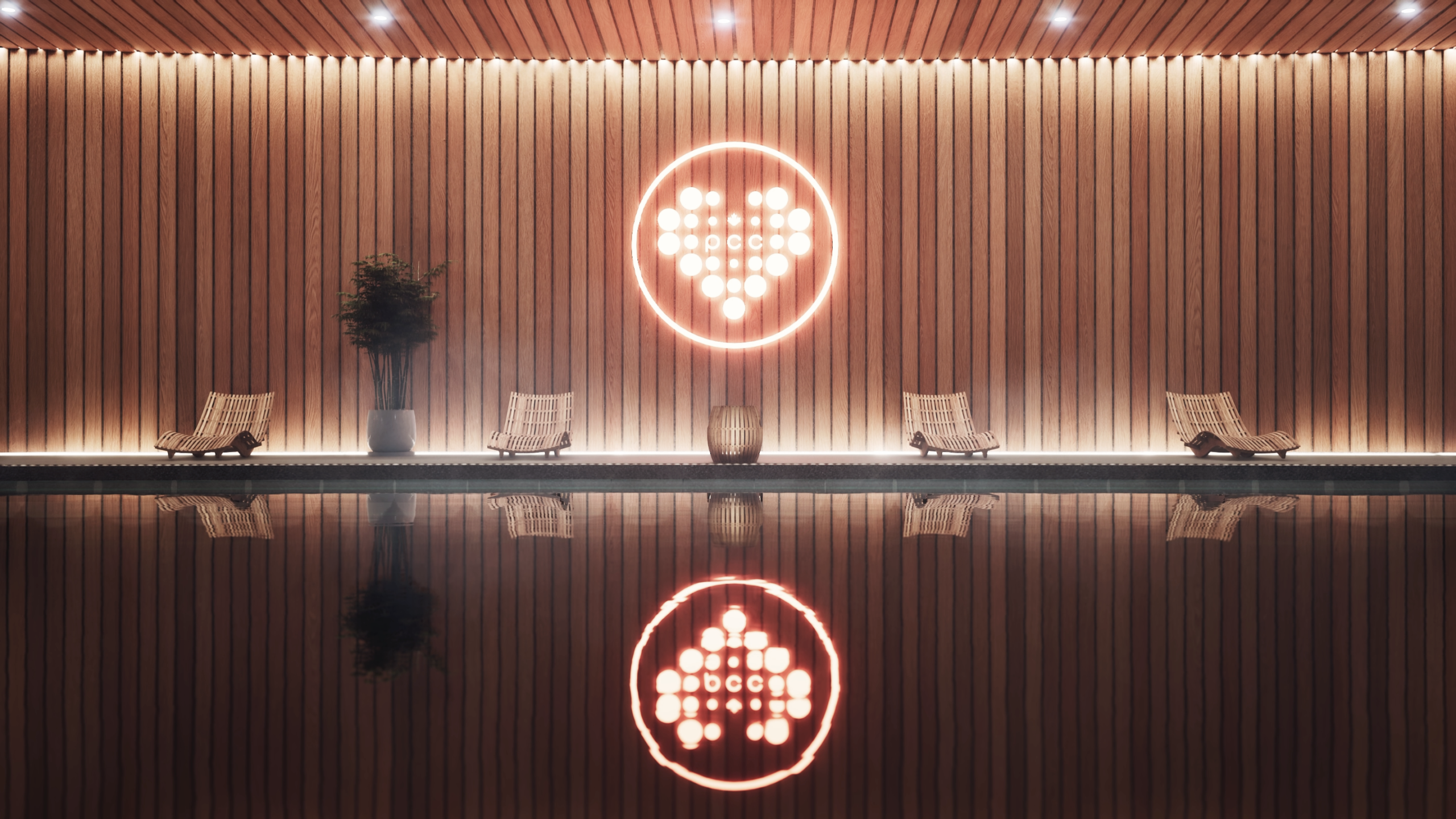 Photorealistic architectural visualization of a luxury indoor spa with vertical timber wall panels, glowing circular logo feature, lounge chairs, and reflective pool surface.