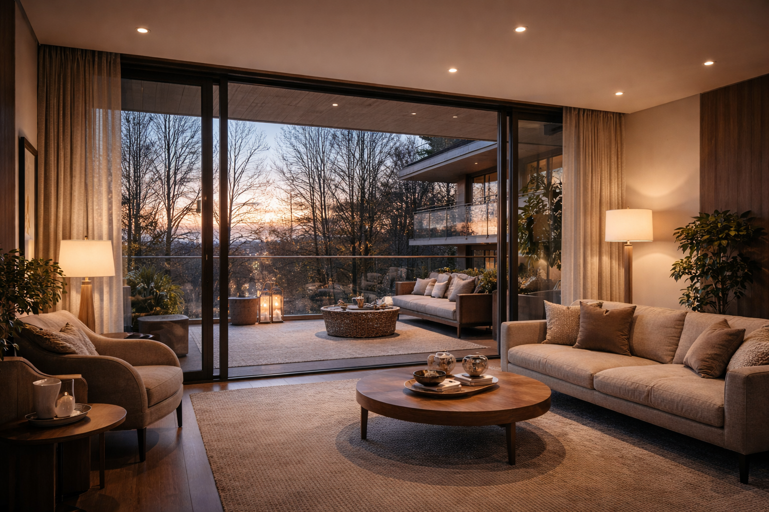 cinematic architectural visualization of modern living room interior with floor-to-ceiling glass doors opening to balcony terrace at sunset, warm lighting, minimalist furniture, immersive architectural experience